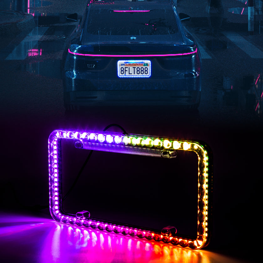 Nicoko Multicolour License Plate Lights APP&Remote Control 12 V License Plate Frames, IP68 Waterproof Multicolor LED Chasing Halo License Plate Lights with Brake Function (1PCS)