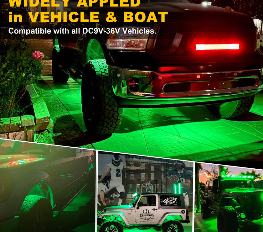 Nicoko 4Pods Pure Green 72 LEDs SMD Chips 72w High Power Rock Lights Kit Super Bright Green Offroad Car Boat Underglow Lights IP68 Waterproof for Truck SUV UTV ATV RZR