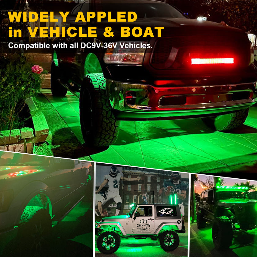 Nicoko 4Pods Pure Green 72 LEDs SMD Chips 72w High Power Rock Lights Kit Super Bright Green Offroad Car Boat Underglow Lights IP68 Waterproof for Truck SUV UTV ATV RZR