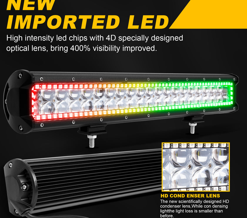 20 Inch 126W 12600LM Straight Double Row Spot Flood LED Light Bar with RGB Halo Ring