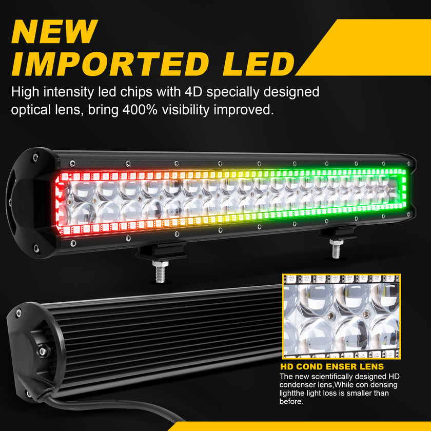 20 Inch 126W 12600LM Straight Double Row Spot Flood LED Light Bar with RGB Halo Ring