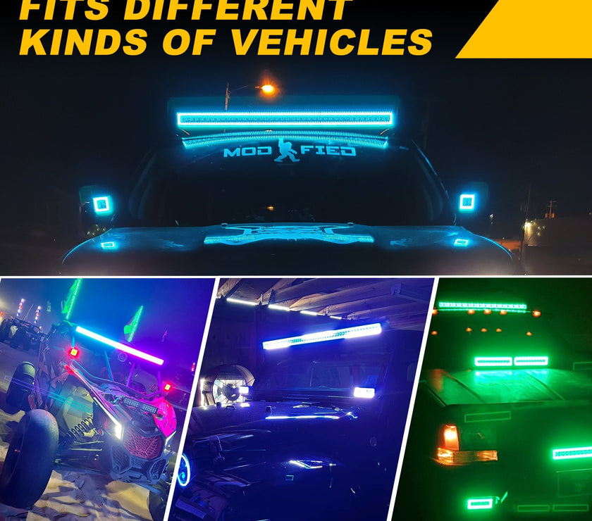 Nicoko Bluetooth 52inch 300w straight white housing  Led Light Bar with Chasing RGB halo ring, Multicolor Changing w/wireless Spot Flood Combo Beam free wiring harness for Off road Truck cars UTV ATV RZR