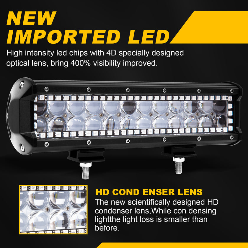 EK ENNOKING 12 Inch White RGB LED Light Bar - 100W Dual Row Flood/Spot Combo For Off-Road, Trucks, ATV