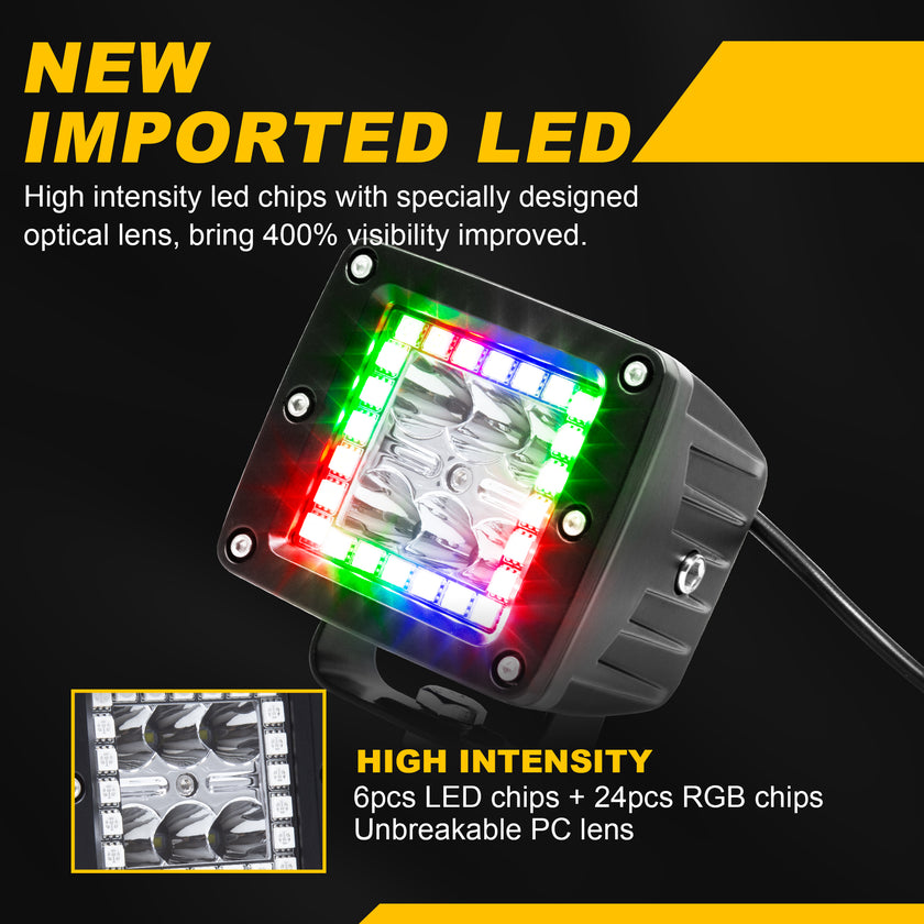 Nicoko 3 Inch 18w RGB led Works Light Offroad Lights Square pods Pack 4