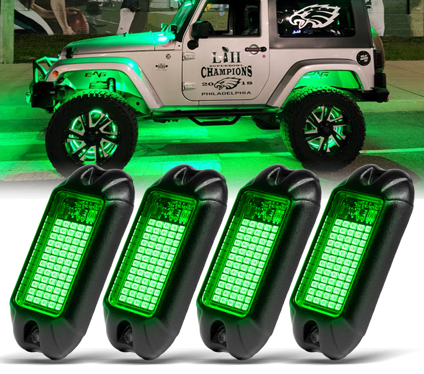 Nicoko 4Pods Pure Green 72 LEDs SMD Chips 72w High Power Rock Lights Kit Super Bright Green Offroad Car Boat Underglow Lights IP68 Waterproof for Truck SUV UTV ATV RZR