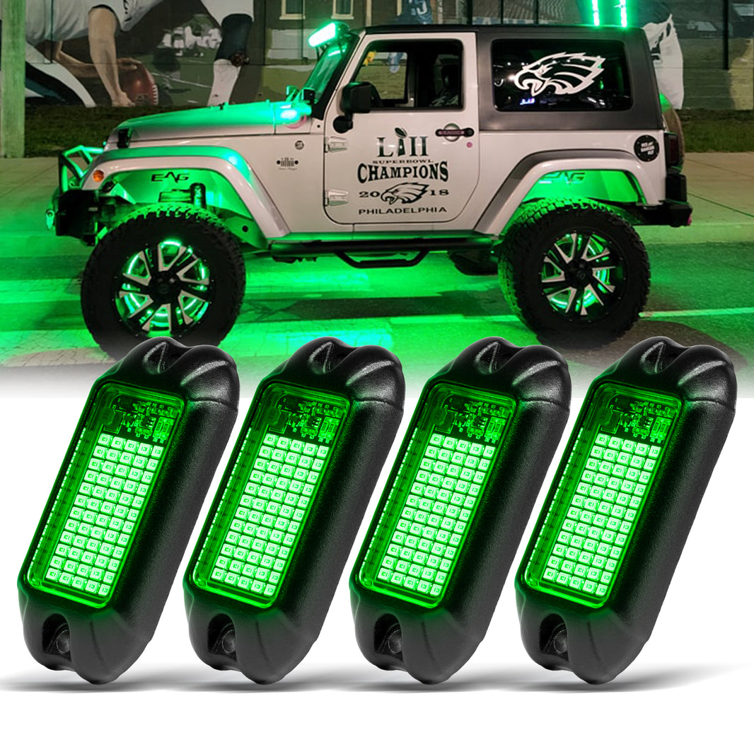 Nicoko 4Pods Pure Green 72 LEDs SMD Chips 72w High Power Rock Lights Kit Super Bright Green Offroad Car Boat Underglow Lights IP68 Waterproof for Truck SUV UTV ATV RZR