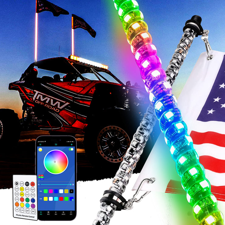 1set 2PC 3FT RGB 16million Colors bluetooth app & RF Remote Control LED Whip Light w/ Flag