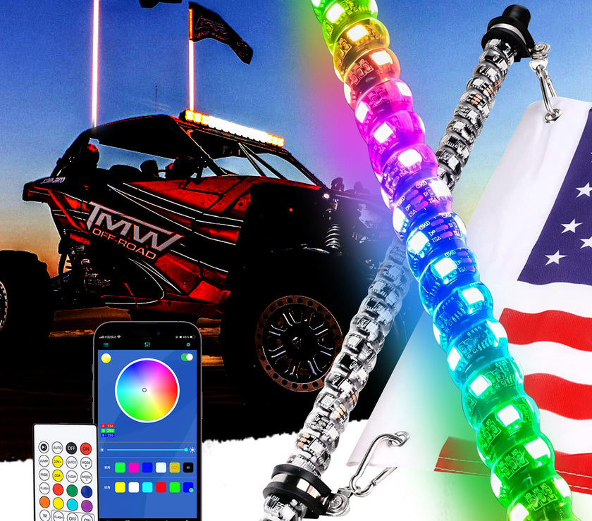 1set 2PC 3FT RGB 16million Colors bluetooth app & RF Remote Control LED Whip Light w/ Flag