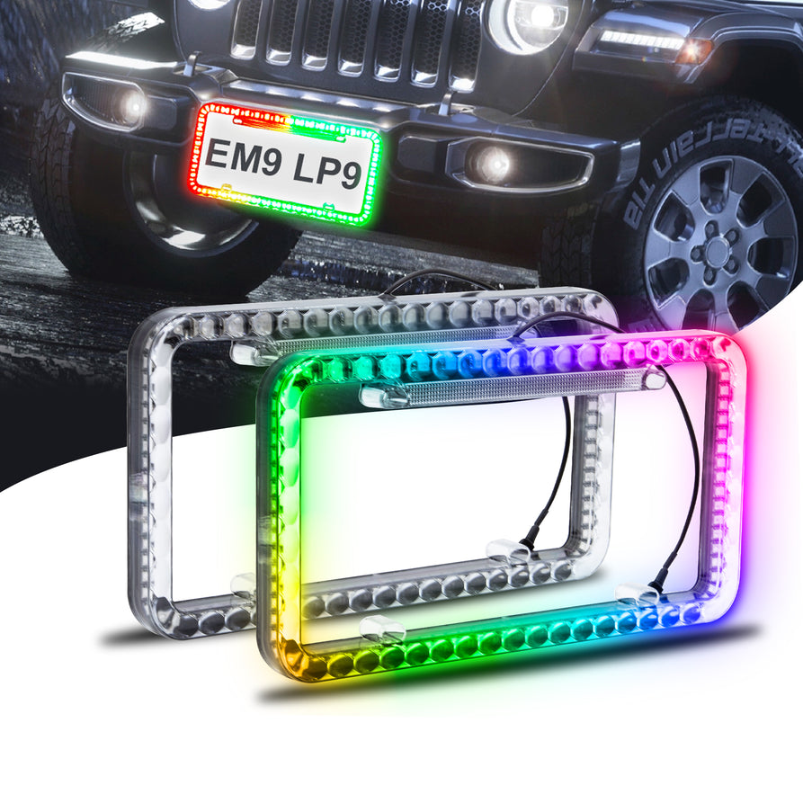 Nicoko Multicolour License Plate Lights APP&Remote Control License Plate Frames, IP68 Waterproof Multicolor LED Chasing Halo License Plate Lights with Brake Function (Clear car Plate -2pcs)