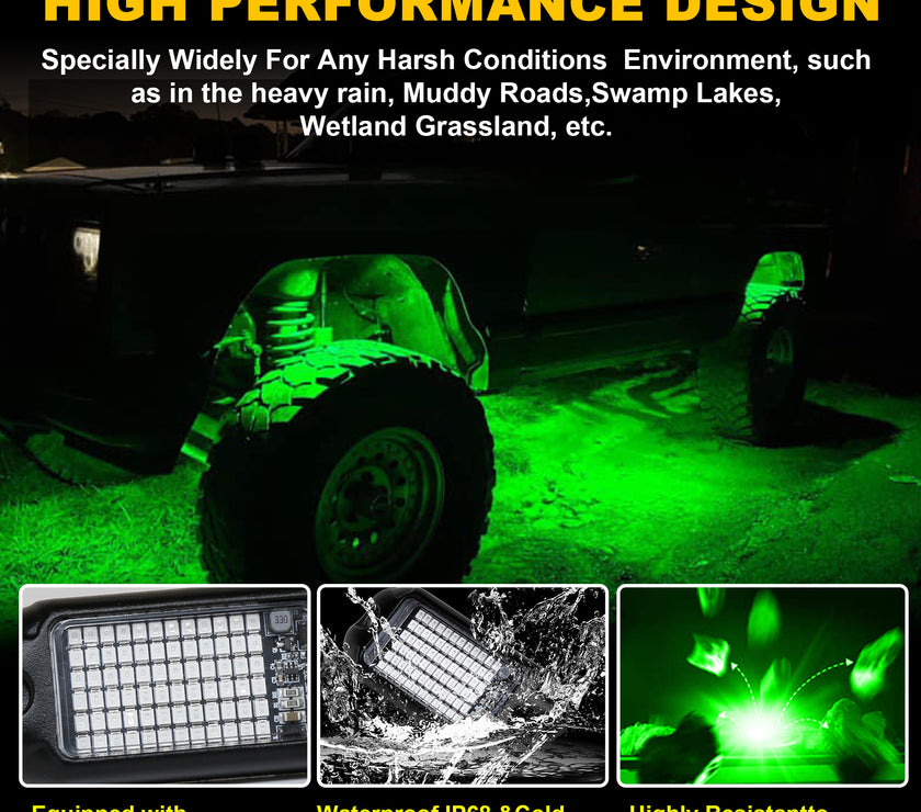 Nicoko 4Pods Pure Green 72 LEDs SMD Chips 72w High Power Rock Lights Kit Super Bright Green Offroad Car Boat Underglow Lights IP68 Waterproof for Truck SUV UTV ATV RZR