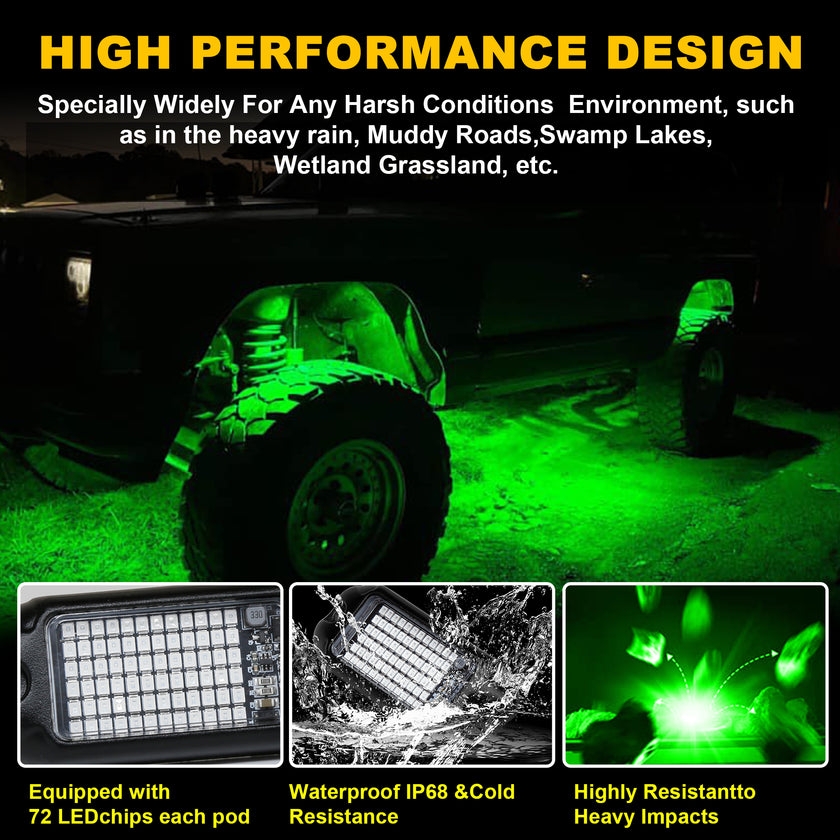 Nicoko 4Pods Pure Green 72 LEDs SMD Chips 72w High Power Rock Lights Kit Super Bright Green Offroad Car Boat Underglow Lights IP68 Waterproof for Truck SUV UTV ATV RZR