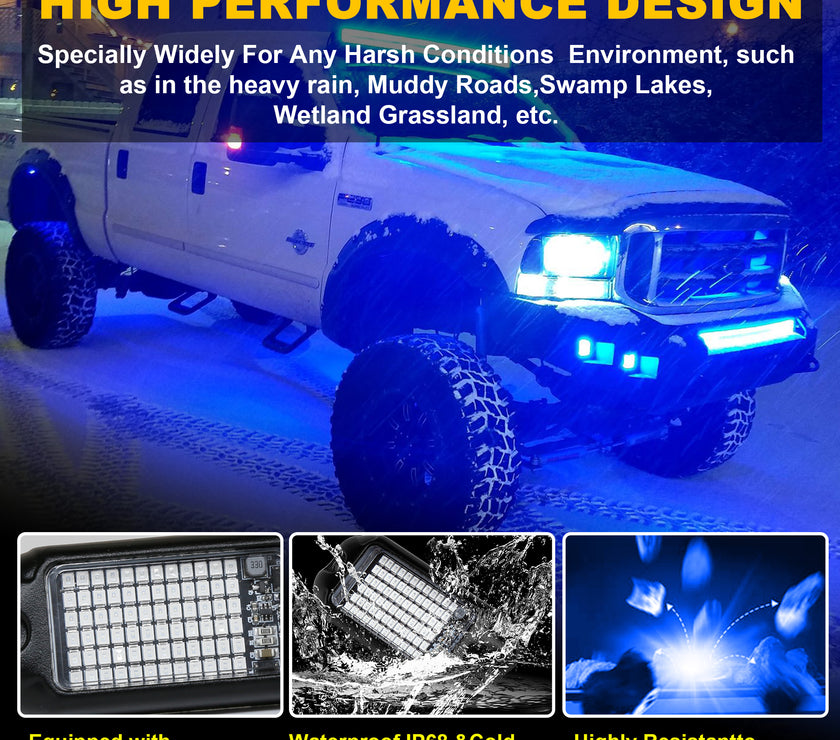 Nicoko 4Pods Pure Blue 72 LEDs SMD Chips 72w High Power Rock Lights Kit Super Bright Blue Offroad Car Boat Underglow Lights IP68 Waterproof for Truck SUV UTV ATV RZR