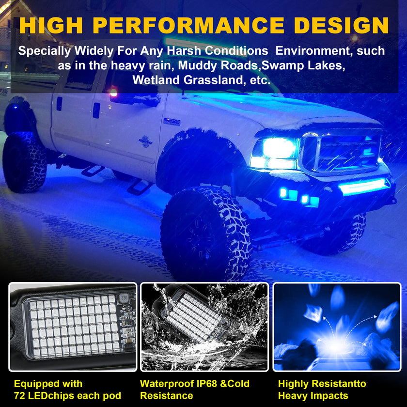 Nicoko 4Pods Pure Blue 72 LEDs SMD Chips 72w High Power Rock Lights Kit Super Bright Blue Offroad Car Boat Underglow Lights IP68 Waterproof for Truck SUV UTV ATV RZR