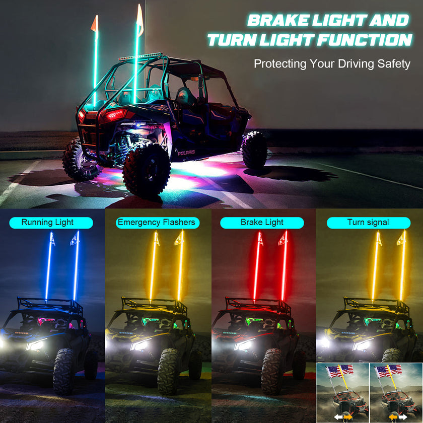 1set 2PC 3FT RGB 16million Colors bluetooth app & RF Remote Control LED Whip Light w/ Flag