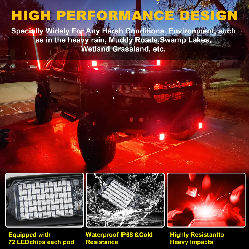 Nicoko 4Pods PureRed 72 LEDs SMD Chips 72w High Power Rock Lights Kit Super Bright Red Offroad Car Boat Underglow Lights IP68 Waterproof for Truck SUV UTV ATV RZR