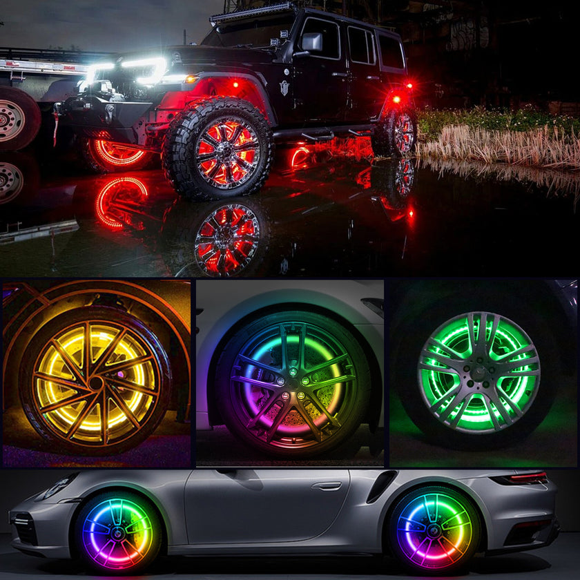 Nicoko 4PCS 15.5inch 6 Rows LED Wheel Ring Lights RGB with APP&Remote Control w/Turn Signal and Braking Function