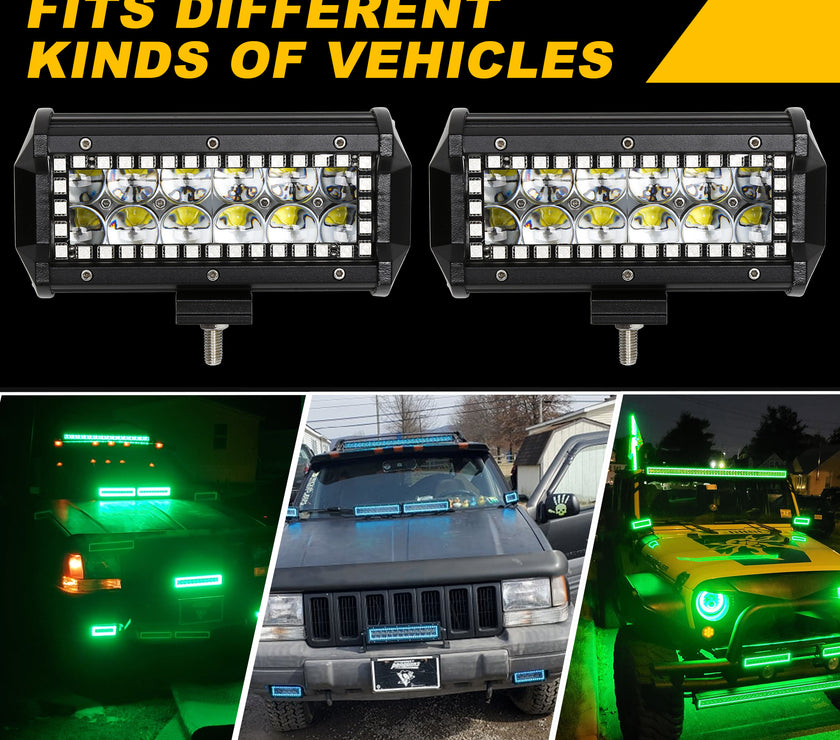 7 Inch 36W 3600LM Straight Double Row Spot Flood LED Light Bar with RGB Halo Ring Pack 2