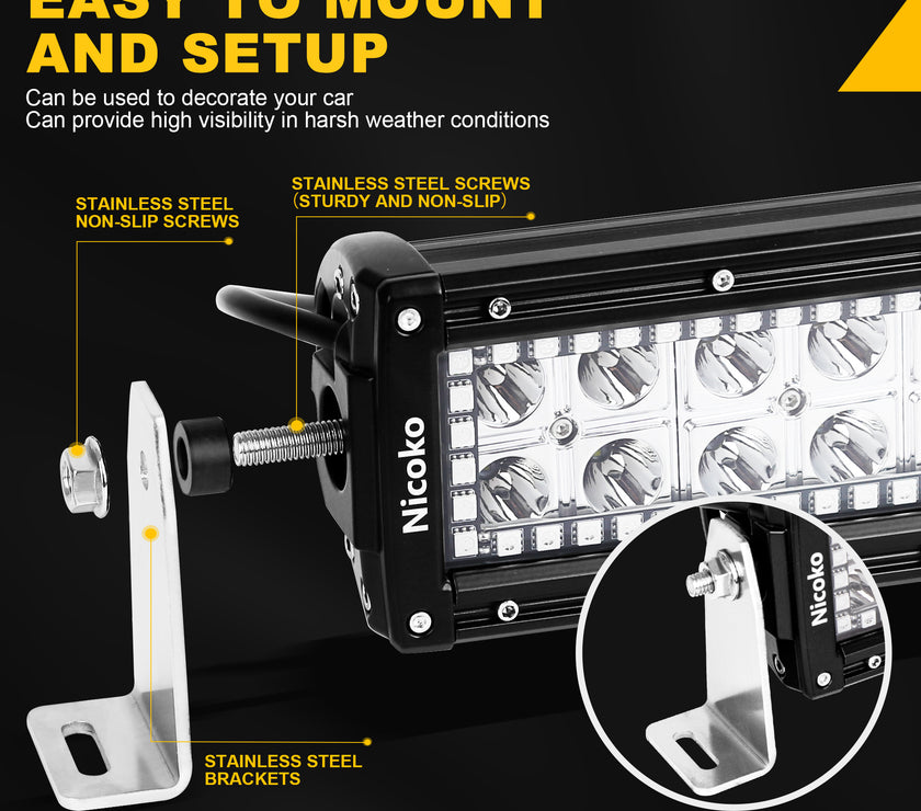 52 Inch 300W 30000LM Straight Double Row Spot Flood LED Light Bar with RGB Halo Ring