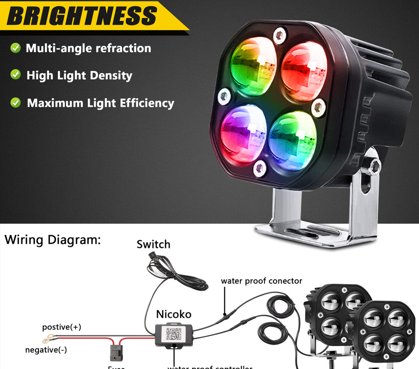 Nicoko 40W LED Spotlight Light Pods: Ultra Strong 4D Lens Design Pods Light with RGB Color Change Function Led Off Road Driving Fog Light Truck Spotlight Offroad Lights