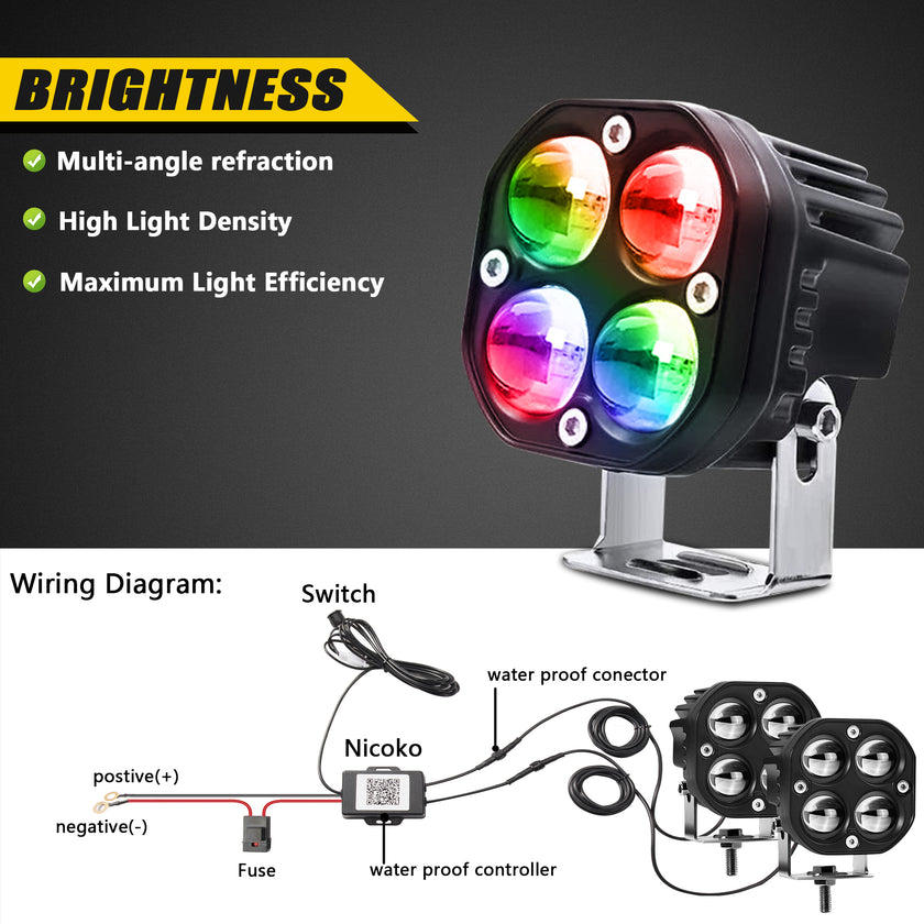 Nicoko 40W LED Spotlight Light Pods: Ultra Strong 4D Lens Design Pods Light with RGB Color Change Function Led Off Road Driving Fog Light Truck Spotlight Offroad Lights