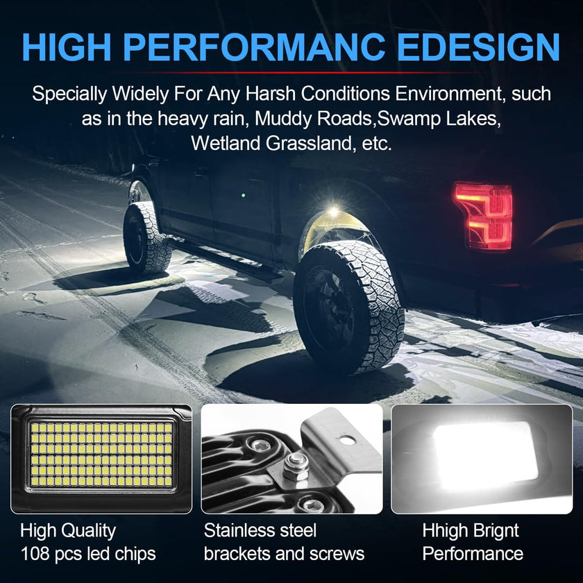 Nicoko 4Pods Pure White 108 LEDs SMD Chips 108w High Power Rock Lights Kit Super Bright White Offroad Car Boat Underglow Lights IP68 Waterproof for Truck SUV UTV ATV RZR