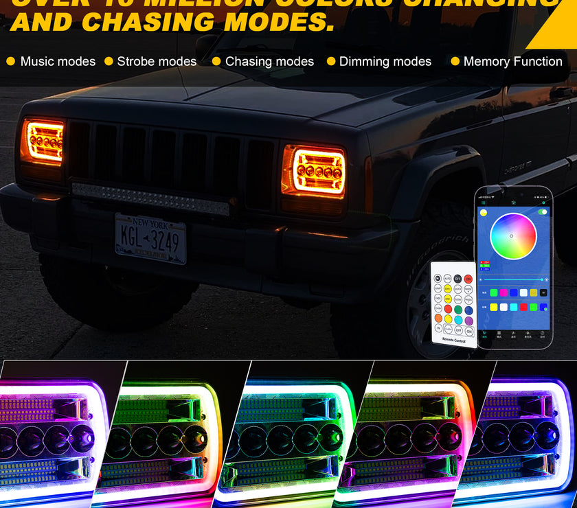 Nicoko H6054 Led Headlights 5x7 7x6 Led Headlamp High and Low Sealed Beam with RGB, Compatible for Jeep Wrangler Cherokee YJ XJ Ford E250 GMC Dodge Toyota Truck Van etc with H4 Plug （2 Pack）