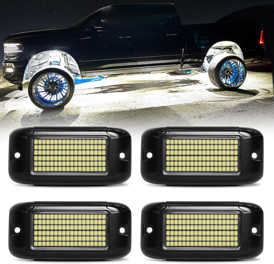 Nicoko 4Pods Pure White 108 LEDs SMD Chips 108w High Power Rock Lights Kit Super Bright White Offroad Car Boat Underglow Lights IP68 Waterproof for Truck SUV UTV ATV RZR