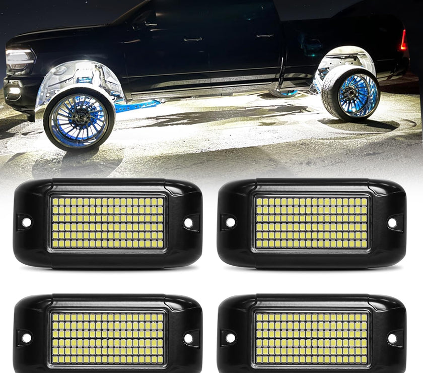 Nicoko 4Pods Pure White 108 LEDs SMD Chips 108w High Power Rock Lights Kit Super Bright White Offroad Car Boat Underglow Lights IP68 Waterproof for Truck SUV UTV ATV RZR