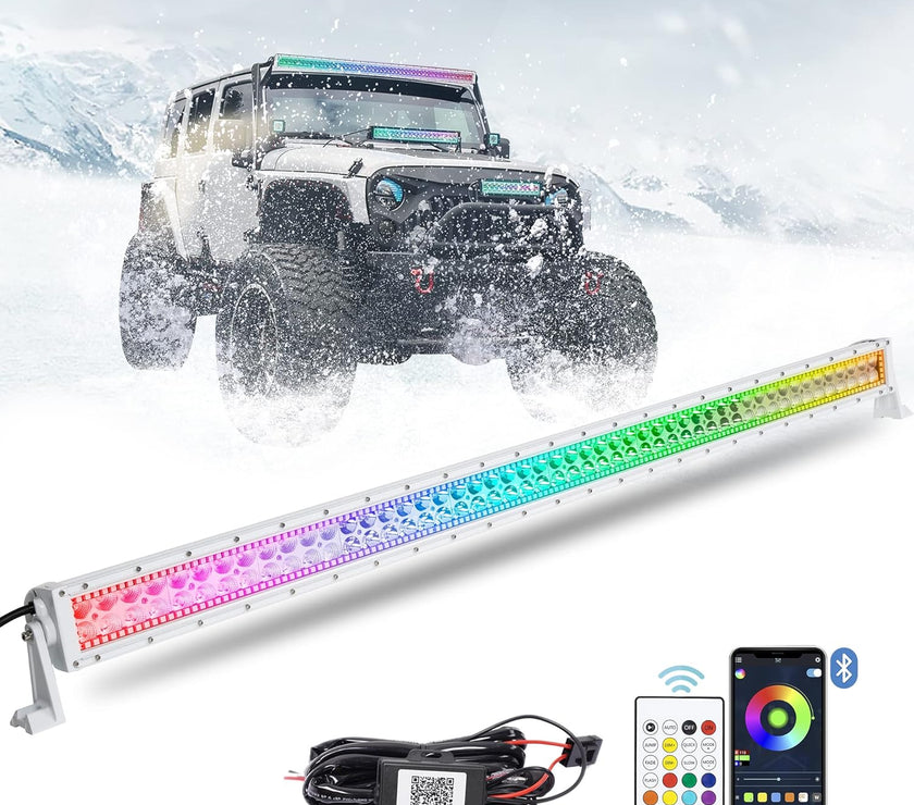 Nicoko Bluetooth 52inch 300w straight white housing  Led Light Bar with Chasing RGB halo ring, Multicolor Changing w/wireless Spot Flood Combo Beam free wiring harness for Off road Truck cars UTV ATV RZR