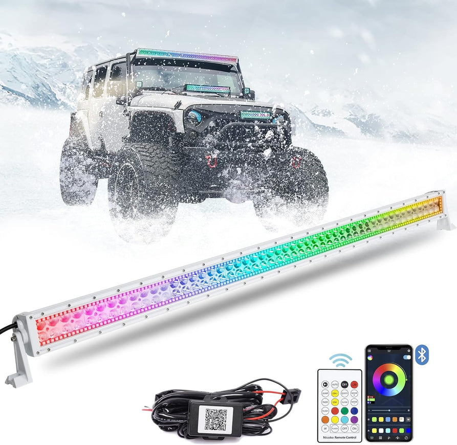 Nicoko Bluetooth 52inch 300w straight white housing  Led Light Bar with Chasing RGB halo ring, Multicolor Changing w/wireless Spot Flood Combo Beam free wiring harness for Off road Truck cars UTV ATV RZR