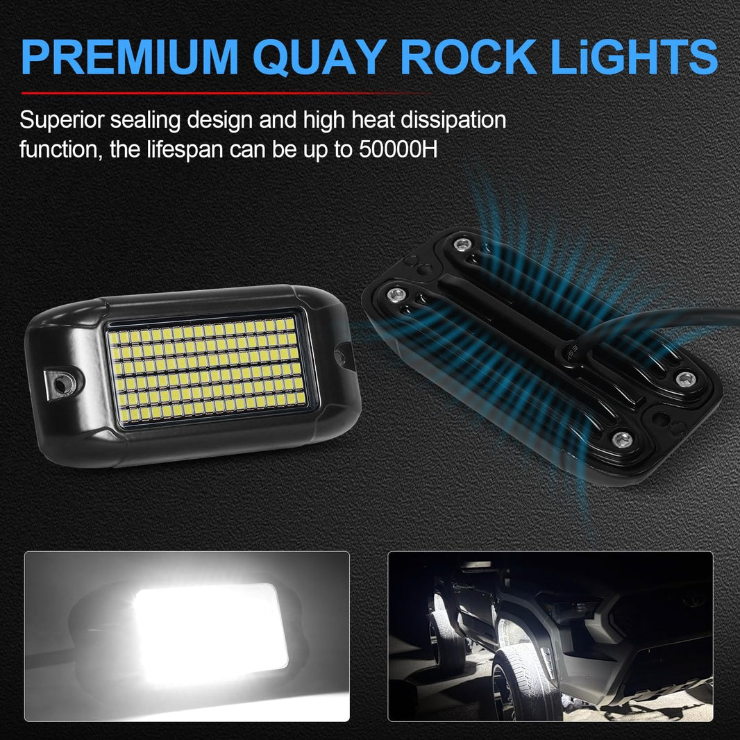 Nicoko 4Pods Pure White 108 LEDs SMD Chips 108w High Power Rock Lights Kit Super Bright White Offroad Car Boat Underglow Lights IP68 Waterproof for Truck SUV UTV ATV RZR