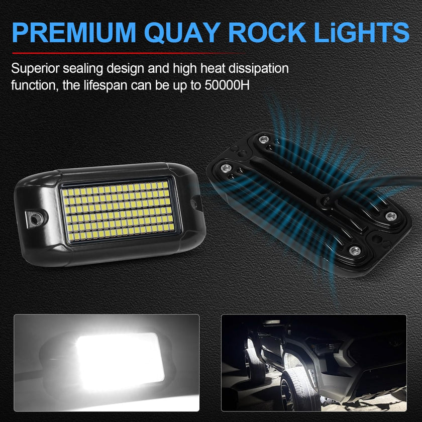 Nicoko 4Pods Pure White 108 LEDs SMD Chips 108w High Power Rock Lights Kit Super Bright White Offroad Car Boat Underglow Lights IP68 Waterproof for Truck SUV UTV ATV RZR