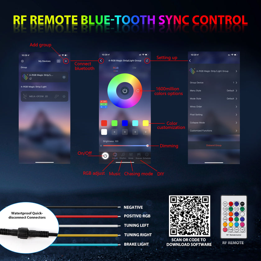 LED RGB Whip Light 2PCS 4FT 120CM 16million Colors bluetooth App and RF Remote Control with Flag