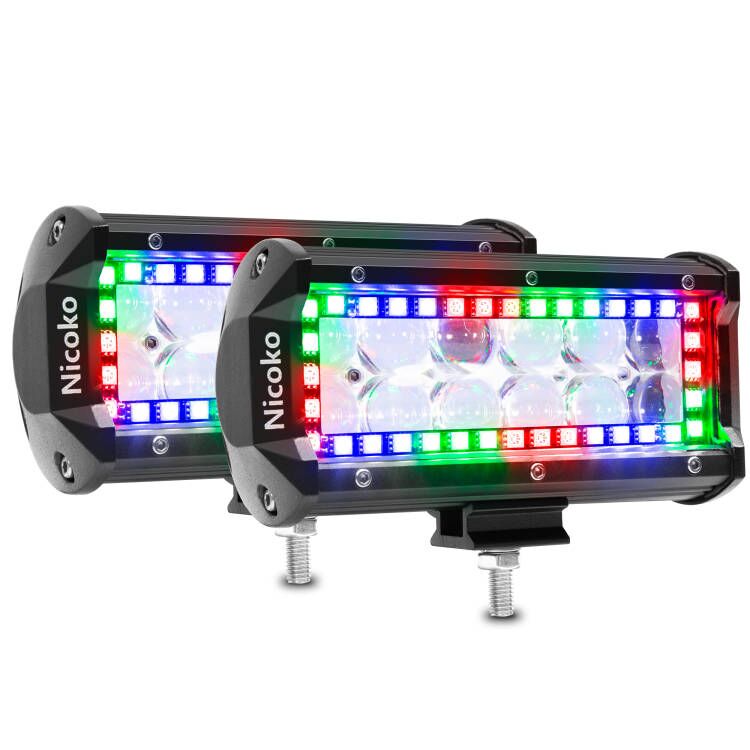 7 Inch 36W 3600LM Straight Double Row Spot Flood LED Light Bar with RGB Halo Ring Pack 2