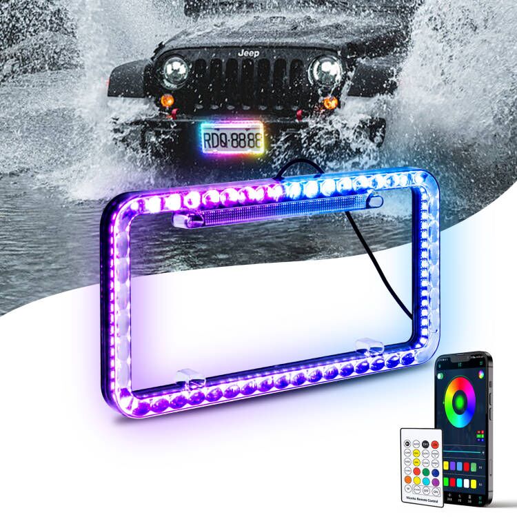 Nicoko Smoked Lens License Plate Lights with 104 RGBs Multicolour LED Chasing Halo with Brake Function APP&Remote Control IP68 Waterproof for Car Trailer UTV ATV Truck (1pcs)