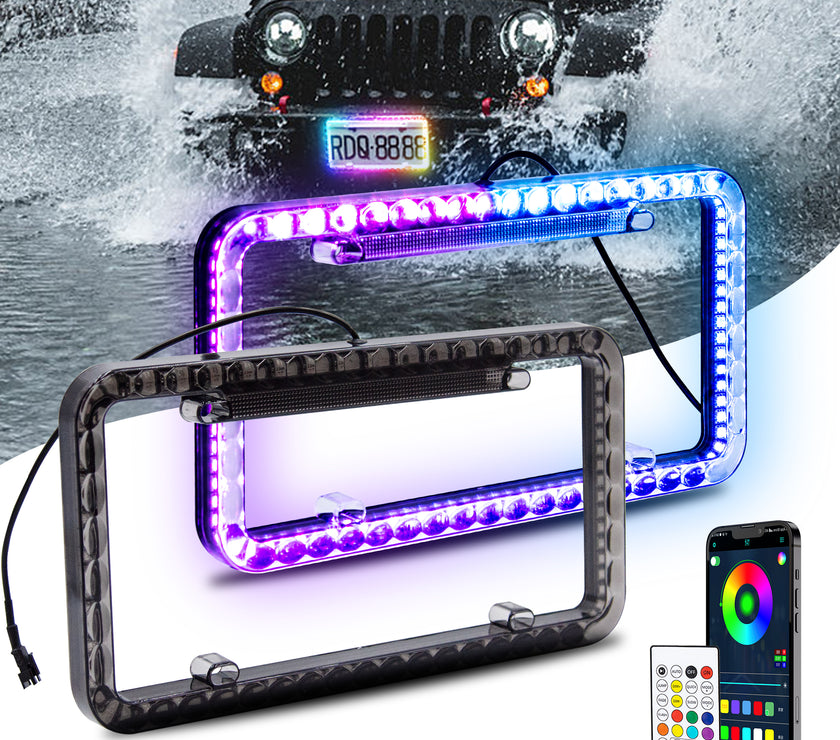 Nicoko Smoked Lens License Plate Lights with 104 RGBs Multicolour LED Chasing Halo with Brake Function APP&Remote Control IP68 Waterproof for Car Trailer UTV ATV Truck (pack2)