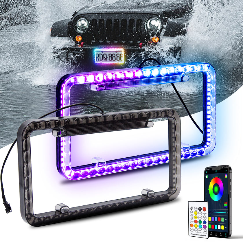 Nicoko Smoked Lens License Plate Lights with 104 RGBs Multicolour LED Chasing Halo with Brake Function APP&Remote Control IP68 Waterproof for Car Trailer UTV ATV Truck (pack2)