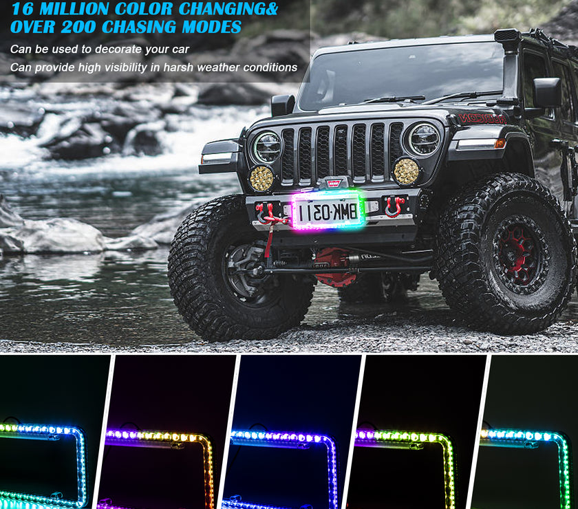 Nicoko Smoked Lens License Plate Lights with 104 RGBs Multicolour LED Chasing Halo with Brake Function APP&Remote Control IP68 Waterproof for Car Trailer UTV ATV Truck (pack2)