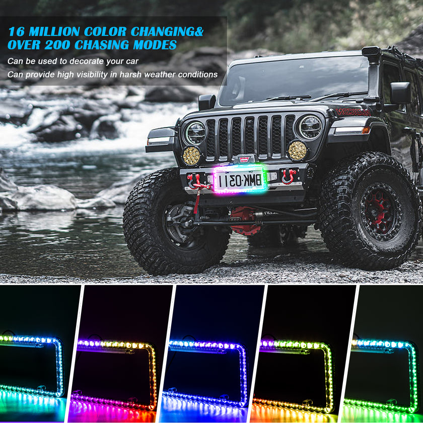 Nicoko Smoked Lens License Plate Lights with 104 RGBs Multicolour LED Chasing Halo with Brake Function APP&Remote Control IP68 Waterproof for Car Trailer UTV ATV Truck (pack2)