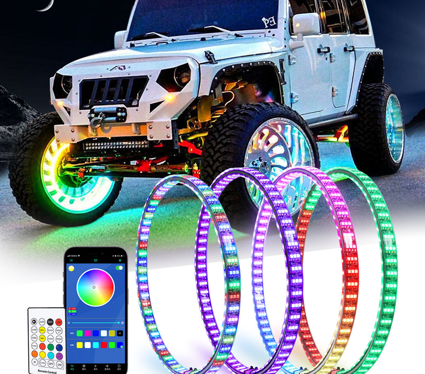 Nicoko 4PCS 15.5inch 6 Rows LED Wheel Ring Lights RGB with APP&Remote Control w/Turn Signal and Braking Function