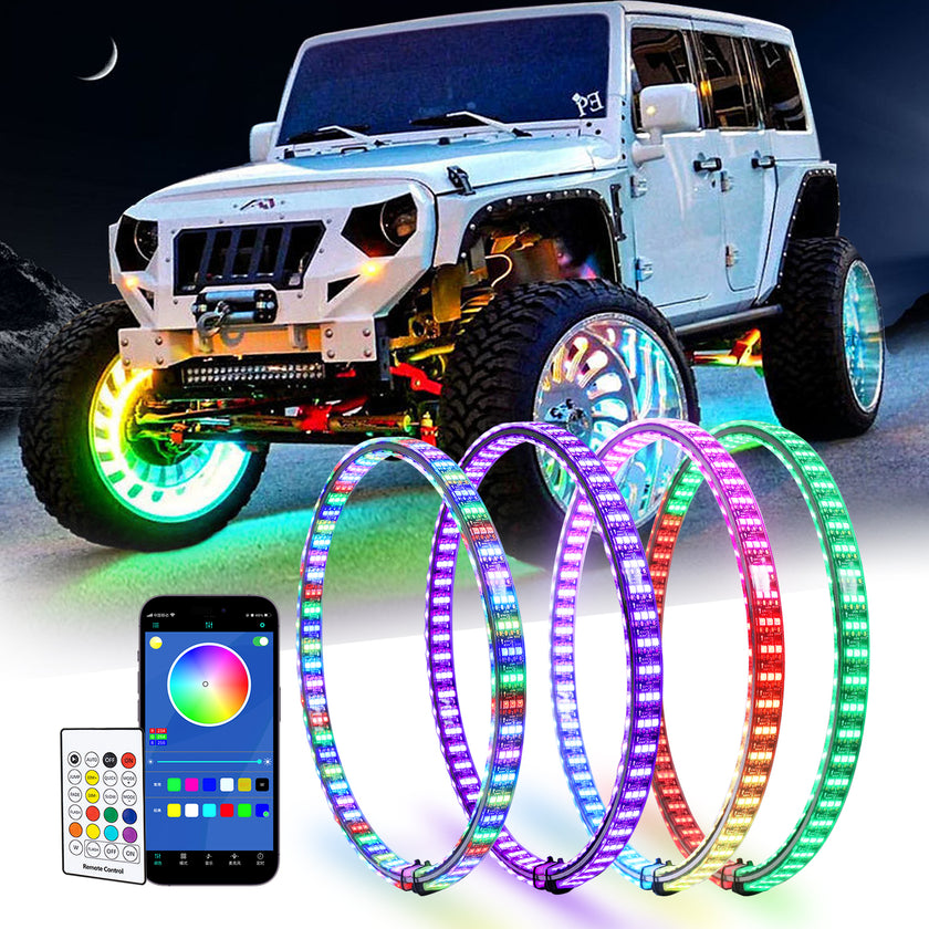 Nicoko 4PCS 15.5inch 6 Rows LED Wheel Ring Lights RGB with APP&Remote Control w/Turn Signal and Braking Function