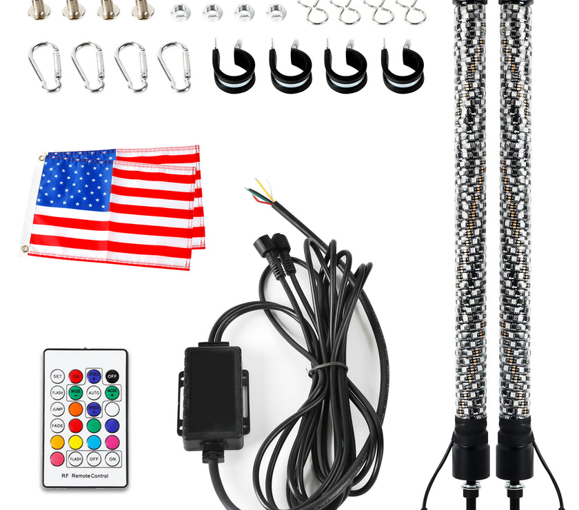 LED RGB Whip Light 2PCS 4FT 120CM 16million Colors bluetooth App and RF Remote Control with Flag