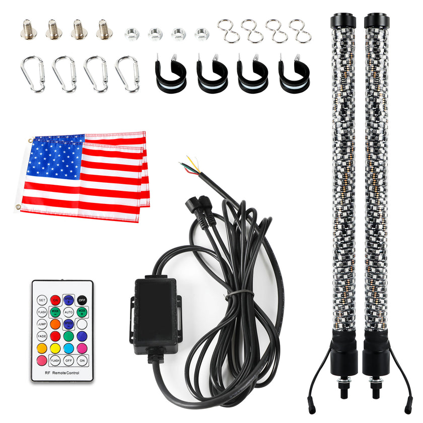 LED RGB Whip Light 2PCS 4FT 120CM 16million Colors bluetooth App and RF Remote Control with Flag