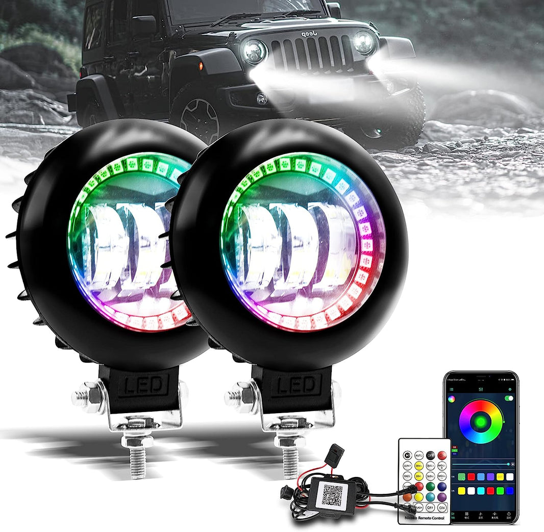 Nicoko Round LED Offroad Lights 30W RGBW Color Change Light Pods Round LED Driving Lights Spot Work Fog Light with Wiring Harness for Truck Pickup SUV ATV UTV 4x4 pack 2