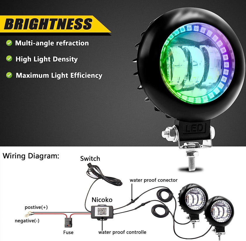 Nicoko Round LED Offroad Lights 30W RGBW Color Change Light Pods Round Nicoko Round LED Offroad Lights 30W RGBW Color Change Light Pods Round