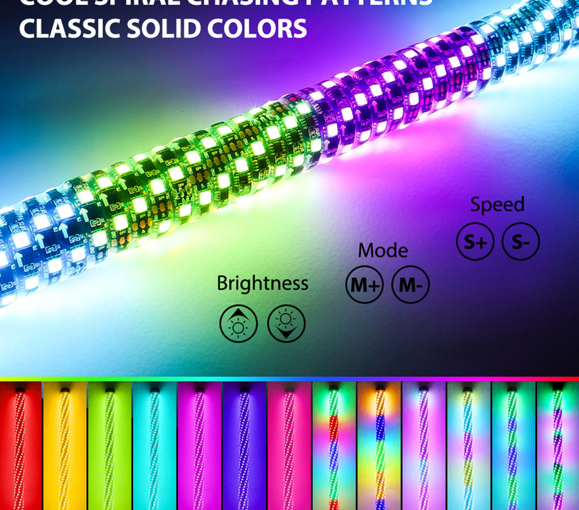 LED RGB Whip Light 2PCS 4FT 120CM 16million Colors bluetooth App and RF Remote Control with Flag