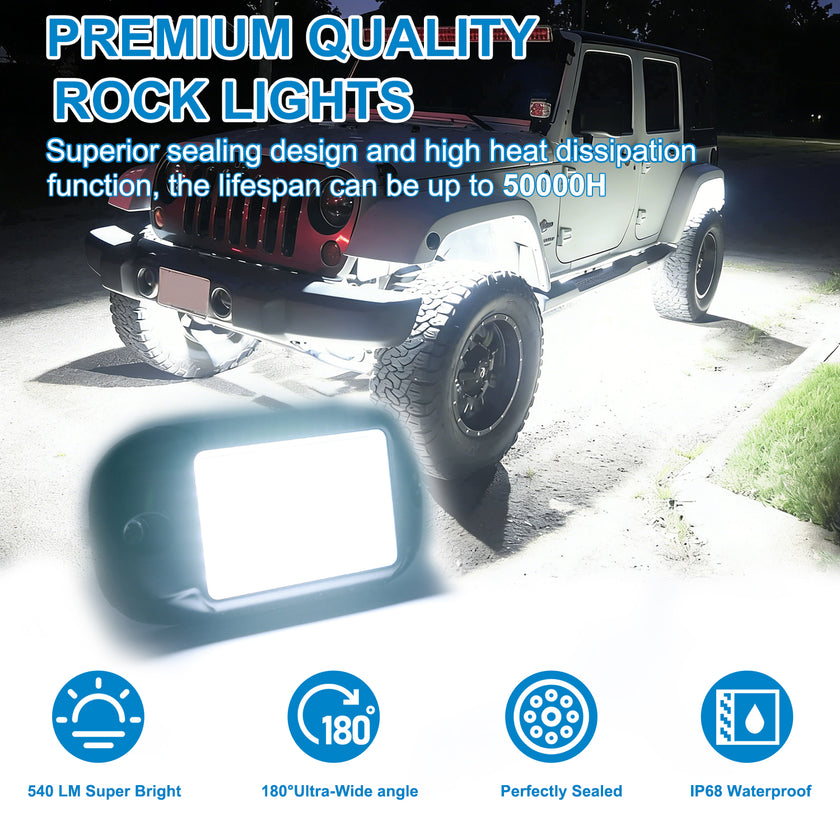 Nicoko 4Pods Pure White 84 LEDs SMD Chips High Power Rock Lights Kit Super Bright White Offroad Car Boat Underglow Lights IP68 Waterproof for Truck SUV UTV ATV RZR