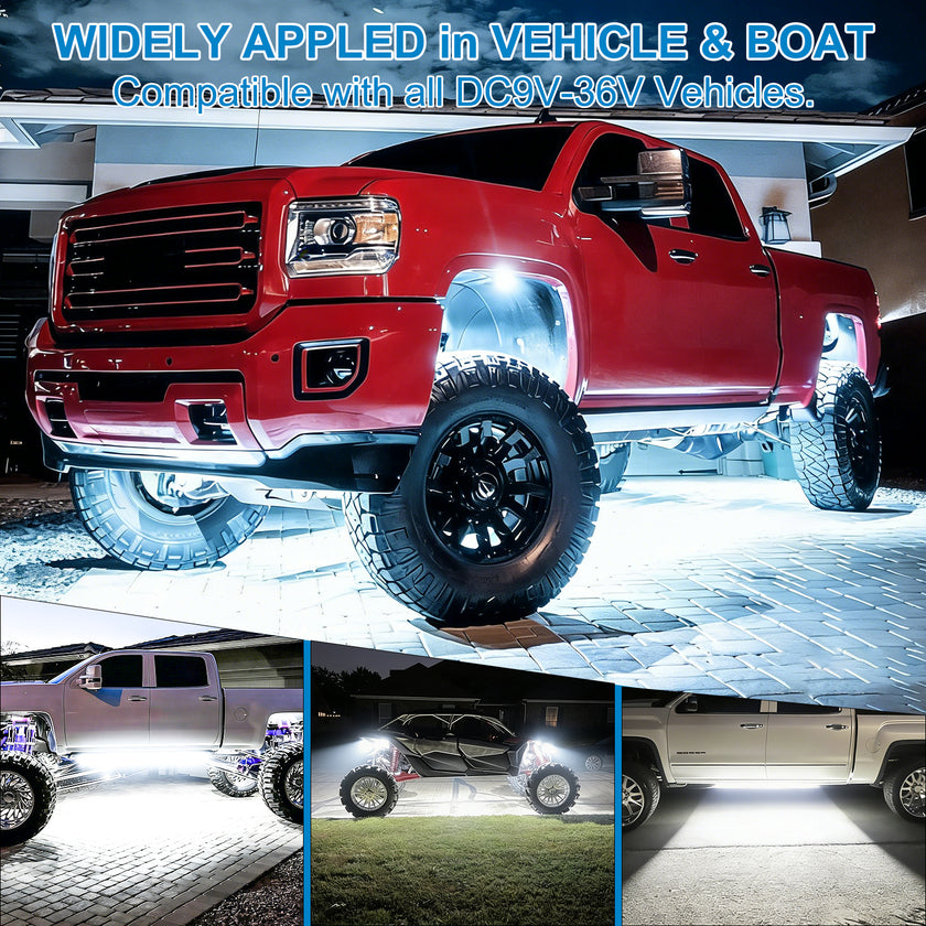 Nicoko 4Pods Pure White 84 LEDs SMD Chips High Power Rock Lights Kit Super Bright White Offroad Car Boat Underglow Lights IP68 Waterproof for Truck SUV UTV ATV RZR