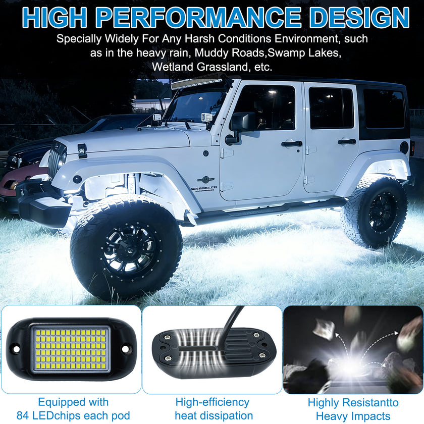 Nicoko 4Pods Pure White 84 LEDs SMD Chips High Power Rock Lights Kit Super Bright White Offroad Car Boat Underglow Lights IP68 Waterproof for Truck SUV UTV ATV RZR