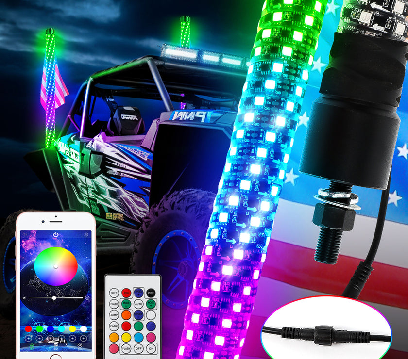 LED RGB Whip Light 2PCS 4FT 120CM 16million Colors bluetooth App and RF Remote Control with Flag